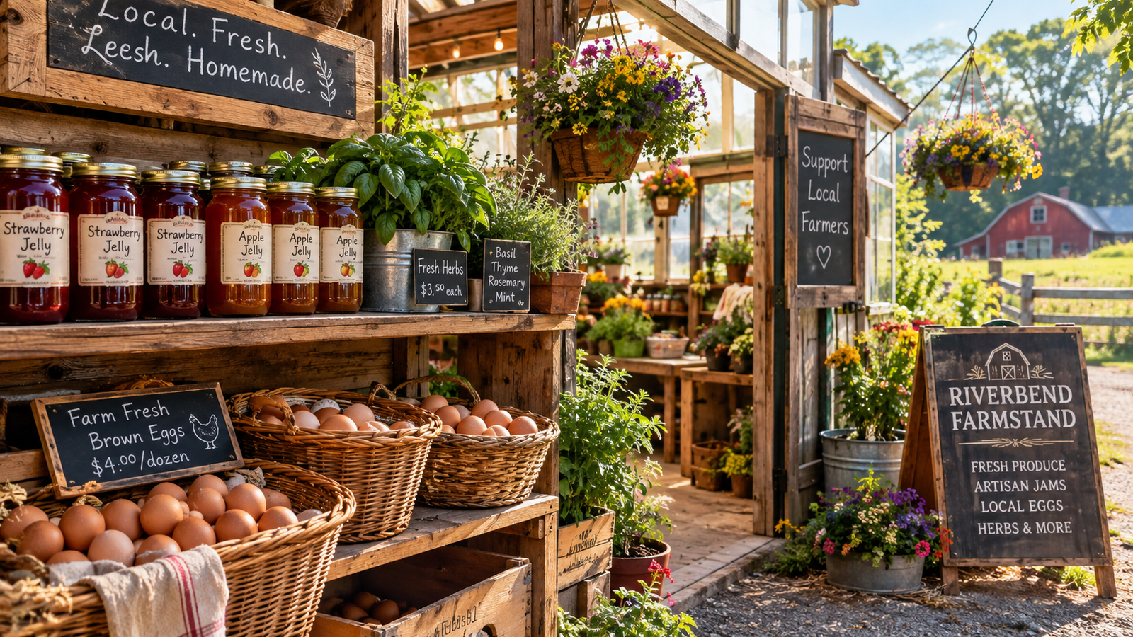 Farm hobbies into business venture showing rustic wooden farmstand with homemade artisan fruit jams fresh eggs and produce