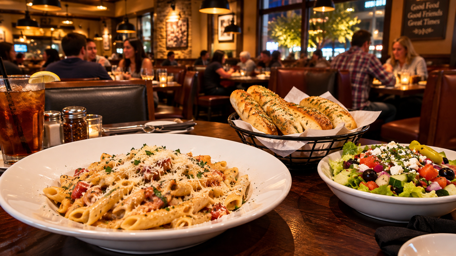 Favorite casual dining chain showing full restaurant booths, warm lighting, and fresh pasta and burger meals