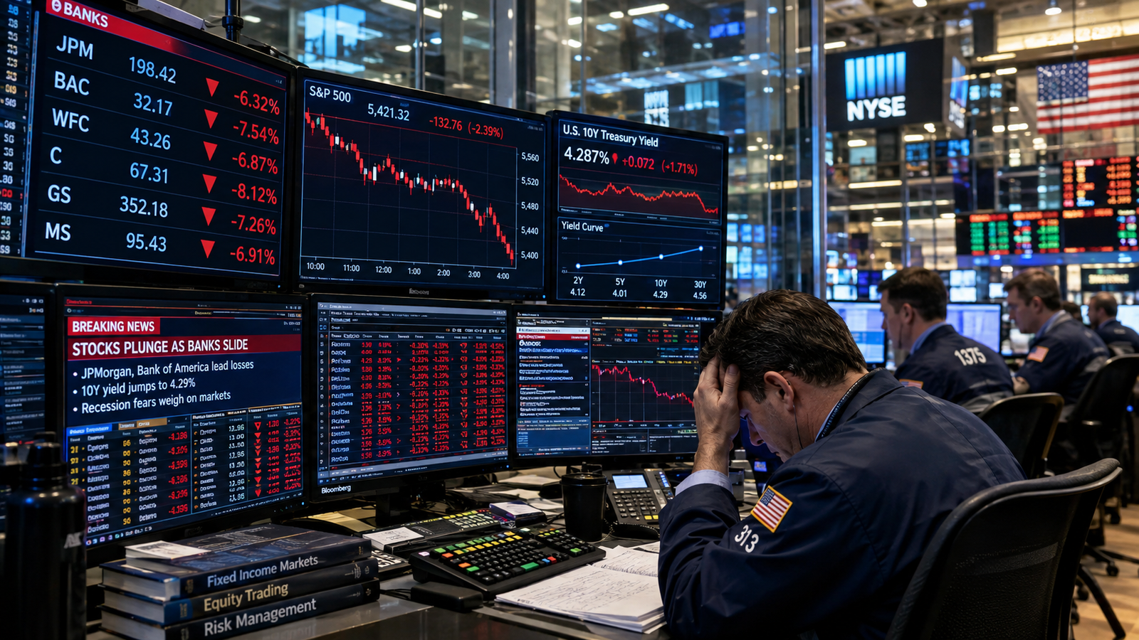 Financial stocks fall as trading displays show market decline and bond yield curve charts