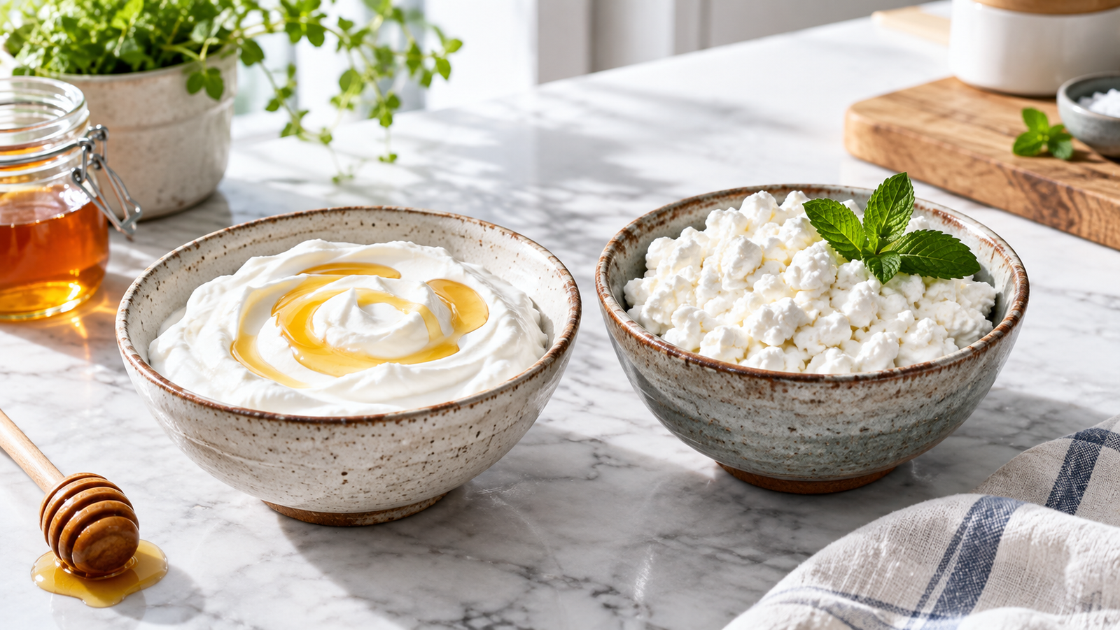 Greek yogurt vs cottage cheese nutrition showing two bowls of white dairy with wooden spoons and fresh berries
