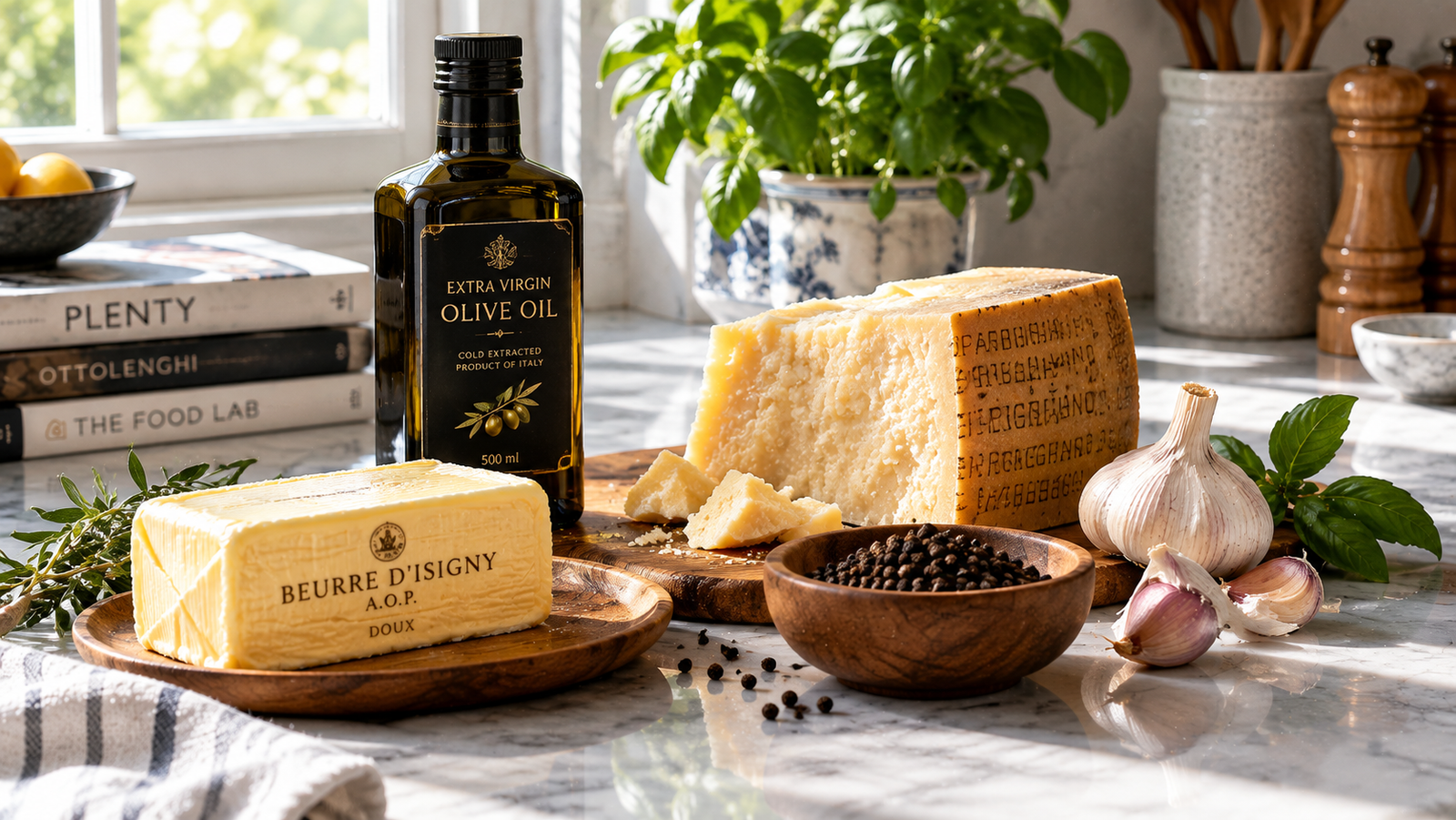 Grocery items worth the splurge showing olive oil bottle, European butter, block of parmesan, and fresh produce on kitchen counter