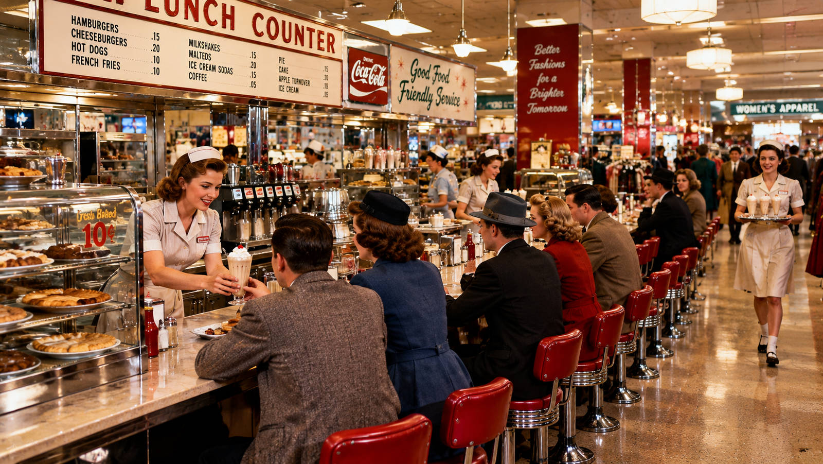 Historic American lunch counters rise and fall showing patrons seated at a vintage soda fountain counter with spinning chrome stools