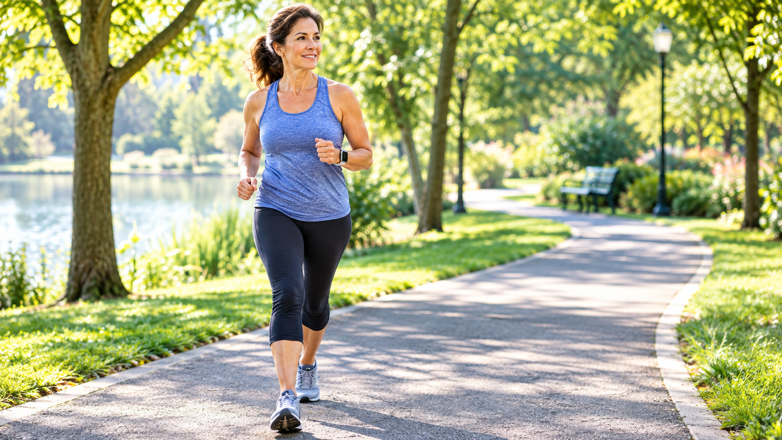 Japanese walking method showing woman doing interval walking in a sunny park setting