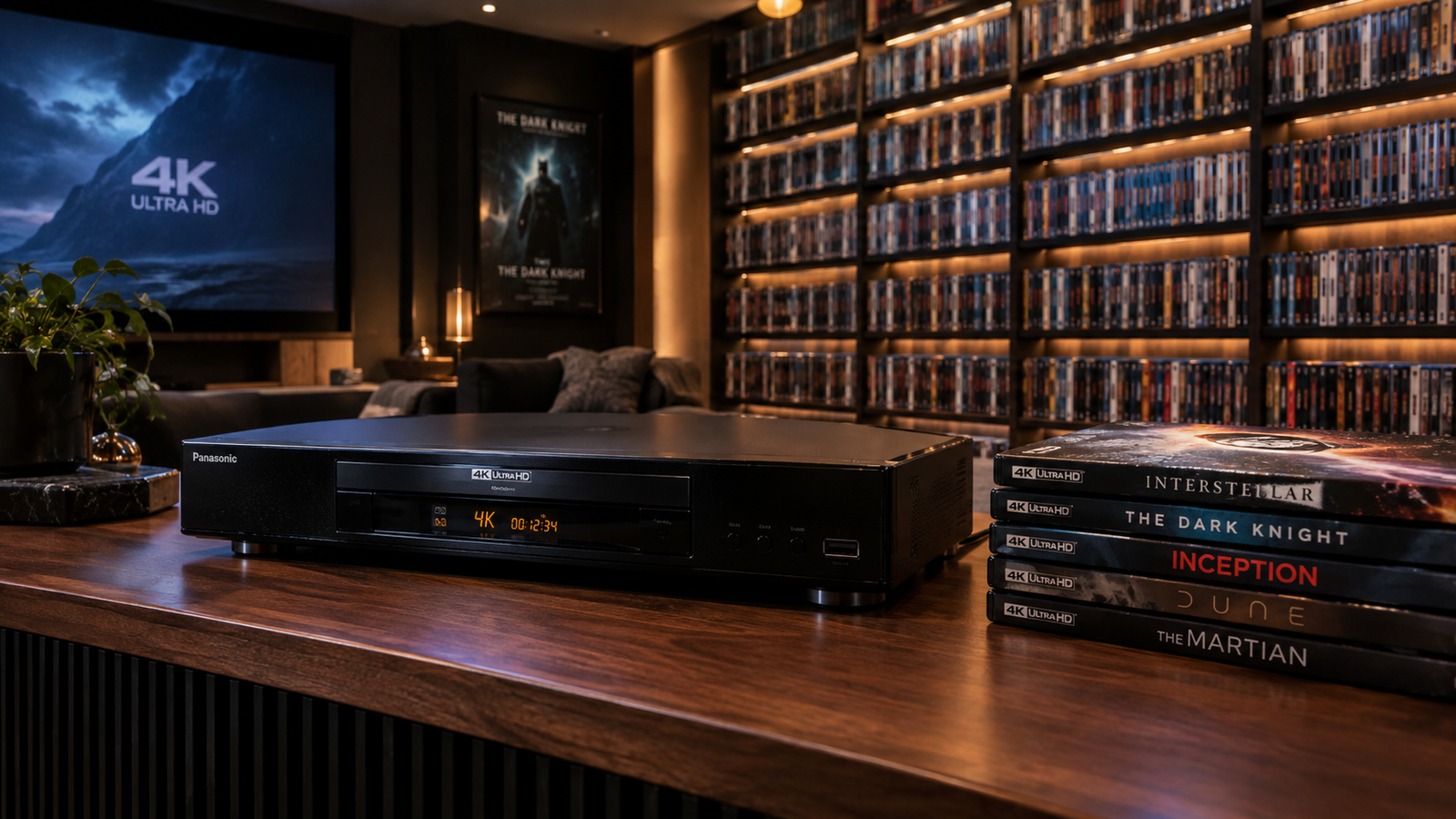 Physical media comeback showing living room shelf filled with 4K Blu-ray discs and modern player setup