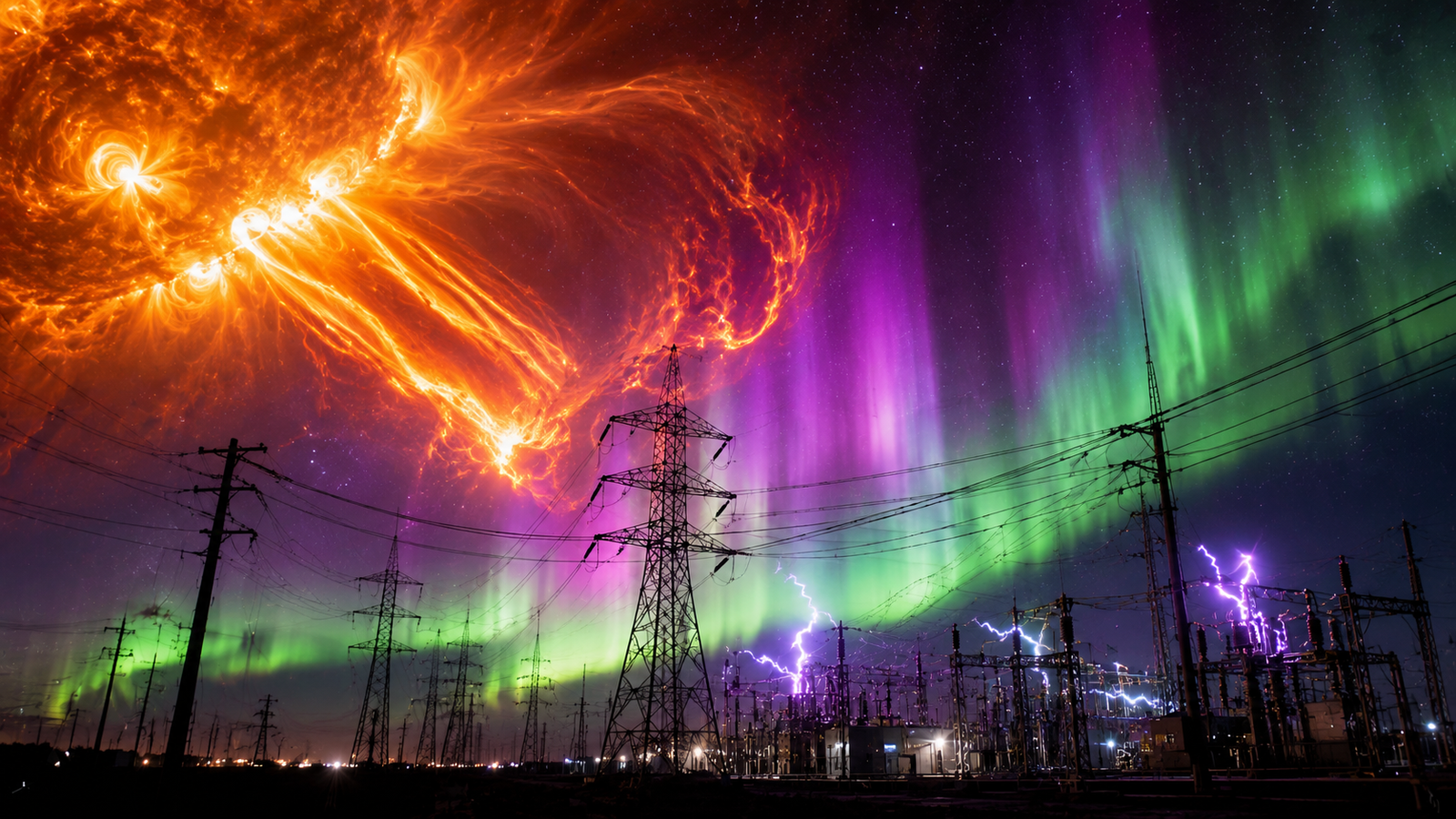 Solar storm power grid failure risk showing coronal mass ejection hitting Earth with high voltage power lines in foreground