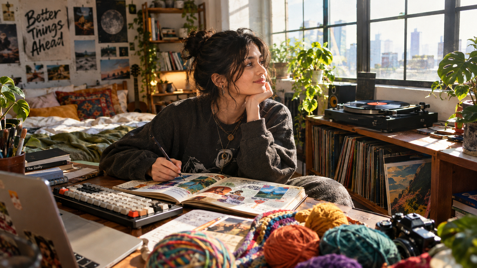 Why Gen Z turns hobbies into identity showing young creative adult working on crafts with headphones and camera
